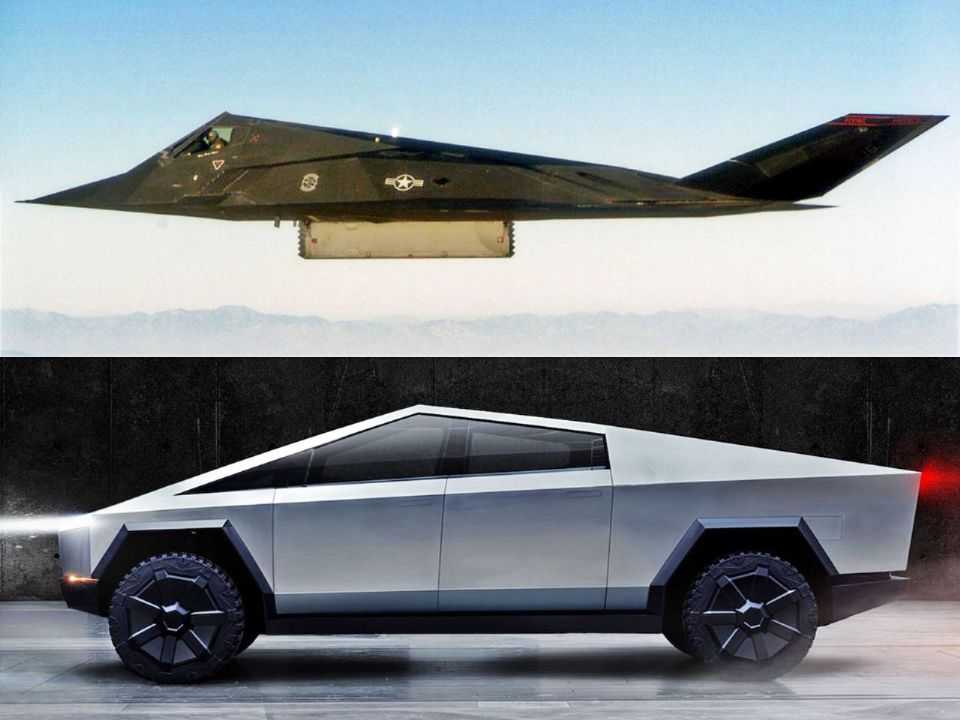 No alto, o caça F-117 Nighthawk: o jato militar tinha motivo para ter uma aparência tão incomum (ser invisível aos radares), já a picape da Tesla, não
