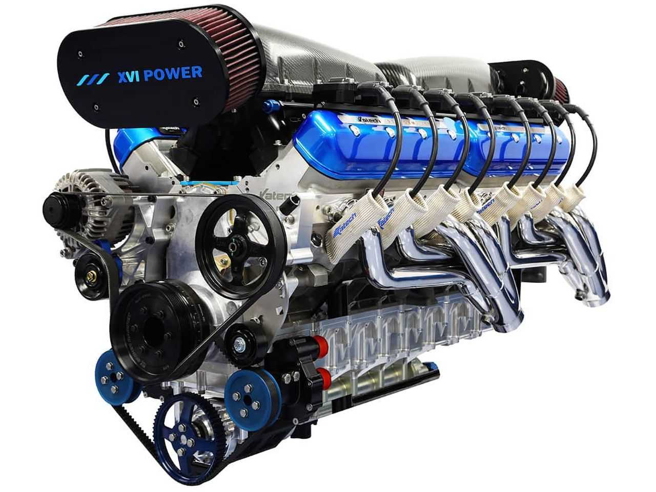 Acima o motor de 14 litros e 16 cilindros produzido pela Sixteen Power
