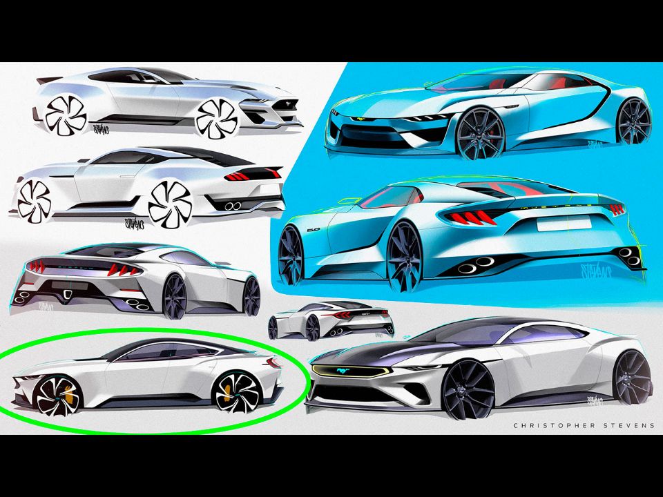 Série de desenhos do designer da Ford Christopher Stevens onde aparece o eventual Mustang sedã