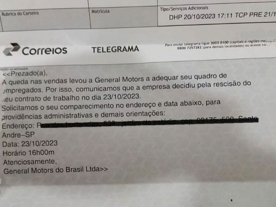 Telegrama de demissão enviado a um funcionário da General Motors