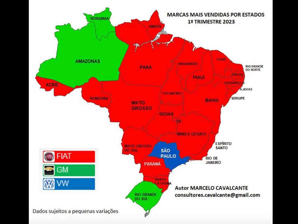 Mapa elaborado por Marcelo Cavalcante com as marcas mais emplacadas por estado no 1º trimestre de 2023