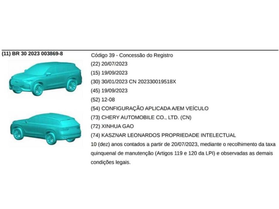 Patentes no INPI mostram que a Caoa Chery registrou o SUV Tiggo 9  no Brasil
